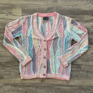 Vintage 90s Coogi Pink 3D Multicolored Knit Cardigan Sweater Size M Hip-hop